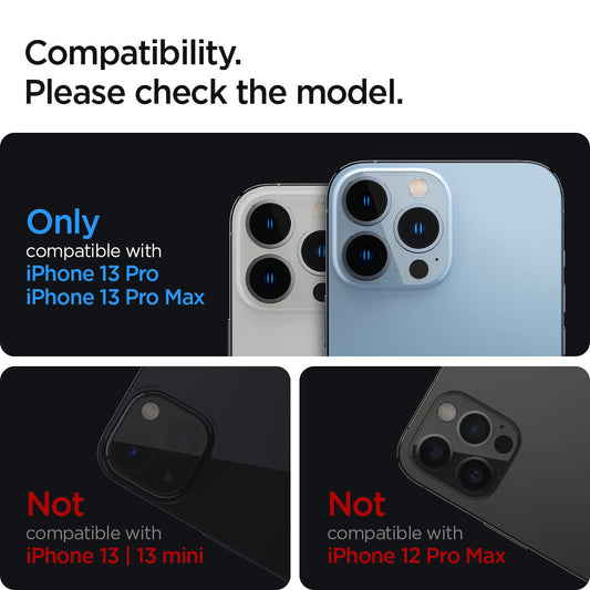 AGL03381 - iPhone 13 Pro Max / iPhone 13 Pro Optik Lens Protector in black showing compatibility. Please check the model. Only compatible with iPhone 13 pro and iPhone 13 pro max. Not compatible with iPhone 13, 13 mini. Not compatible with iPhone 12 pro max.