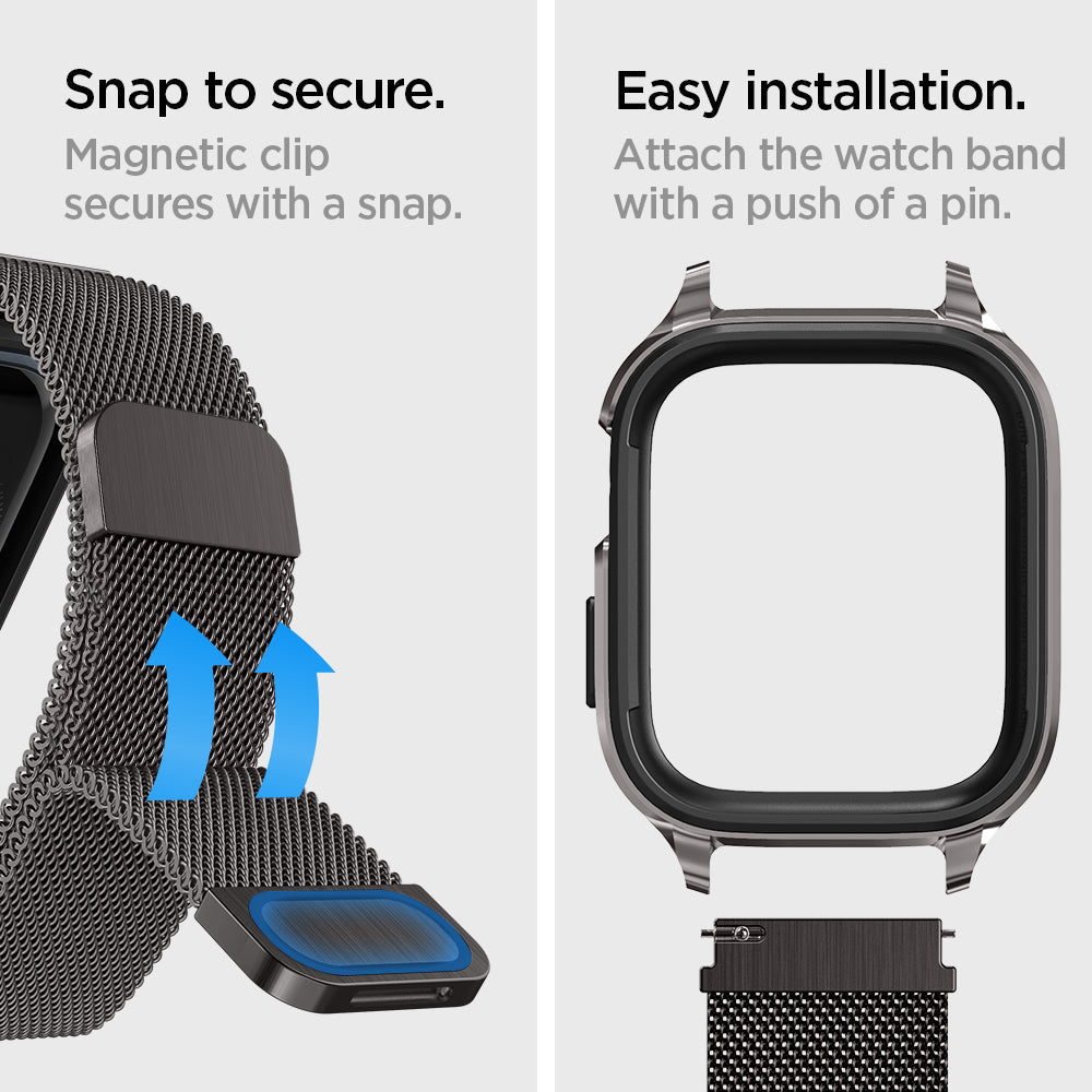 ACS04587 - Apple Watch (41mm) Metal Fit Pro in Graphite showing the snap to secure. Magnetic clip secure with a snap. Easy installation. Attached the watch band with a push pin