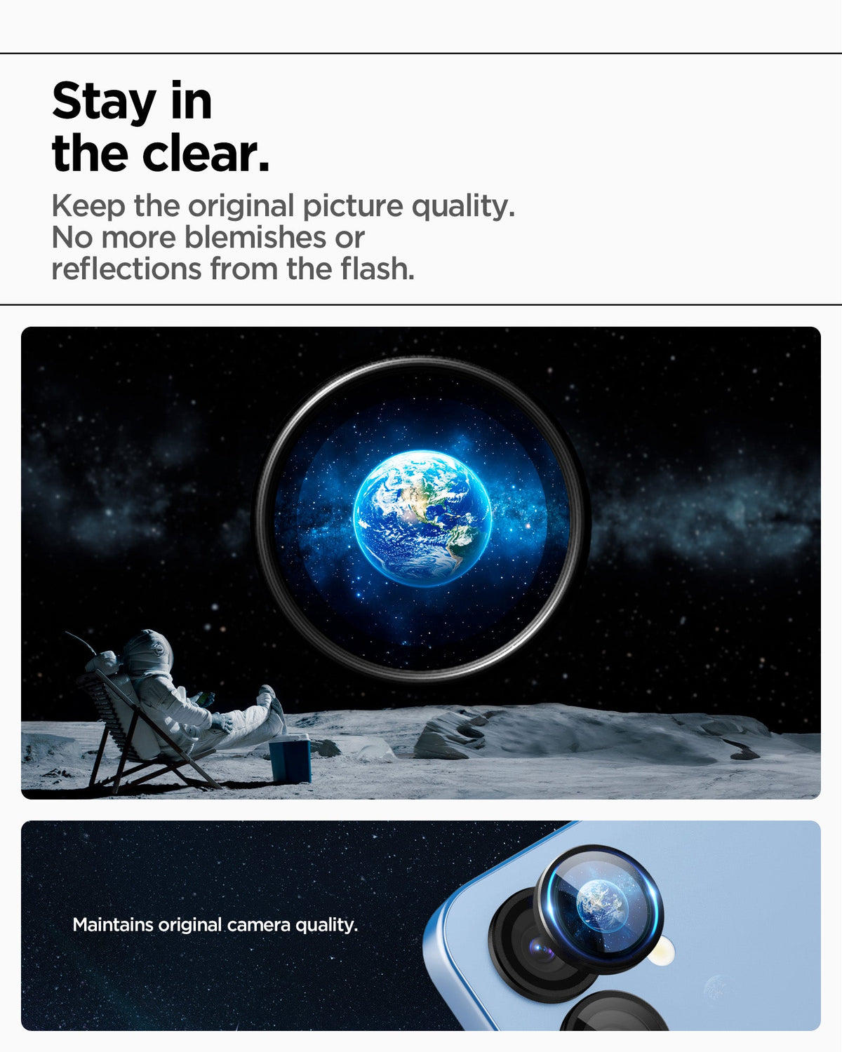AGL09090 - Galaxy S25 Optik Pro EZ Fit Lens Protector in Black showing staying in the clear. Keep the original picture quality. No more blemishes or reflections from the flash. Maintains original camera quality