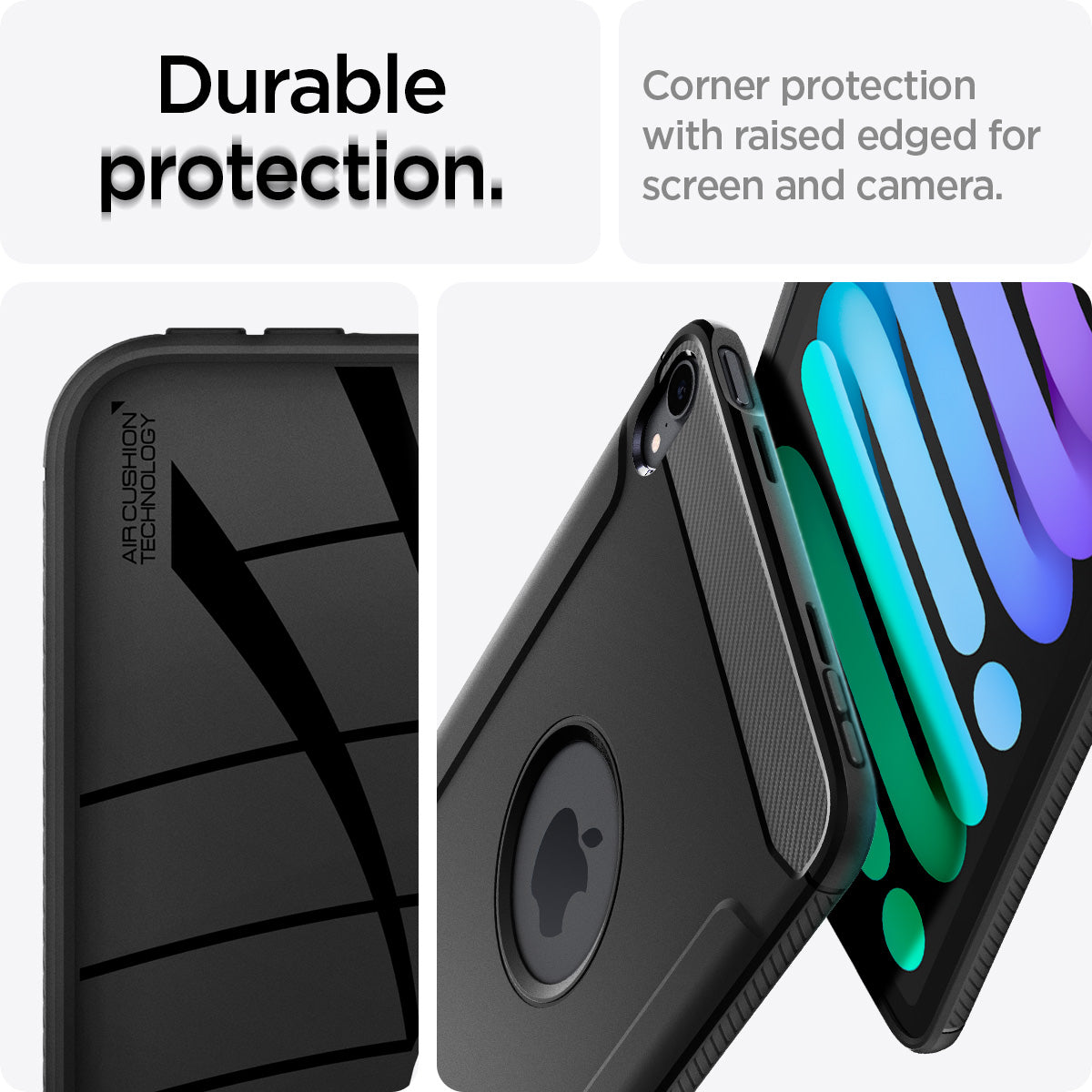 ACS03764 - iPad Mini 6 Case Rugged Armor in matte black showing the durable protection. Corner protection with raised edged for screen and camera