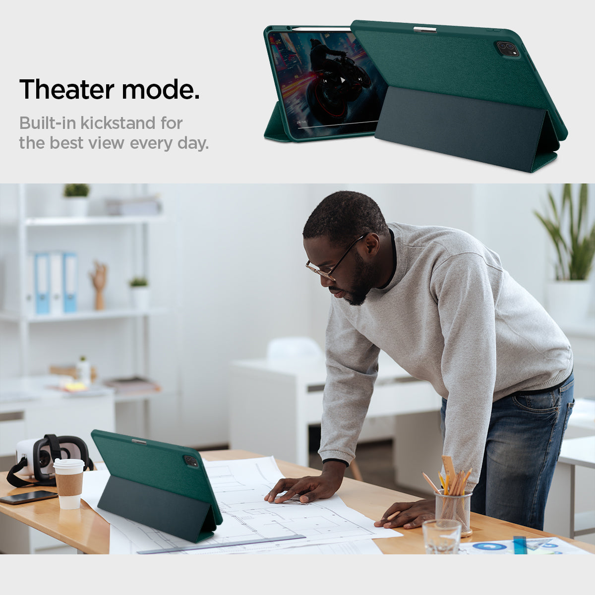 ACS07763 - iPad Pro 13-inch (2024) Case Urban Fit in Midnight Green showing the theater mode. Built-in kickstand for the best view everyday