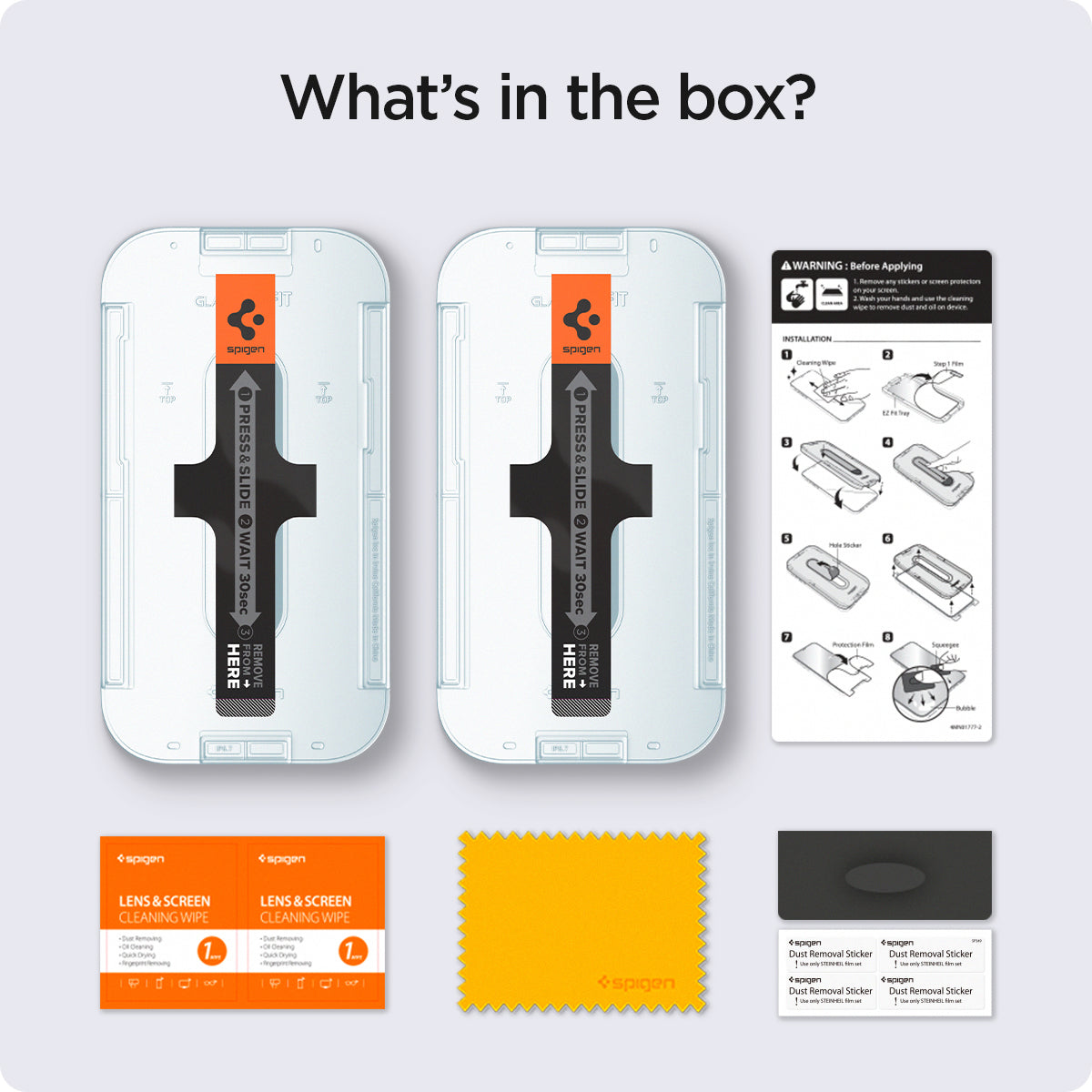AGL03399 - iPhone 13 Mini Screen Protector EZ FIT GLAS.tR Privacy showing what's in the box? 2 screen protectors, cleaning wipes, microfiber cloth and dust sticker