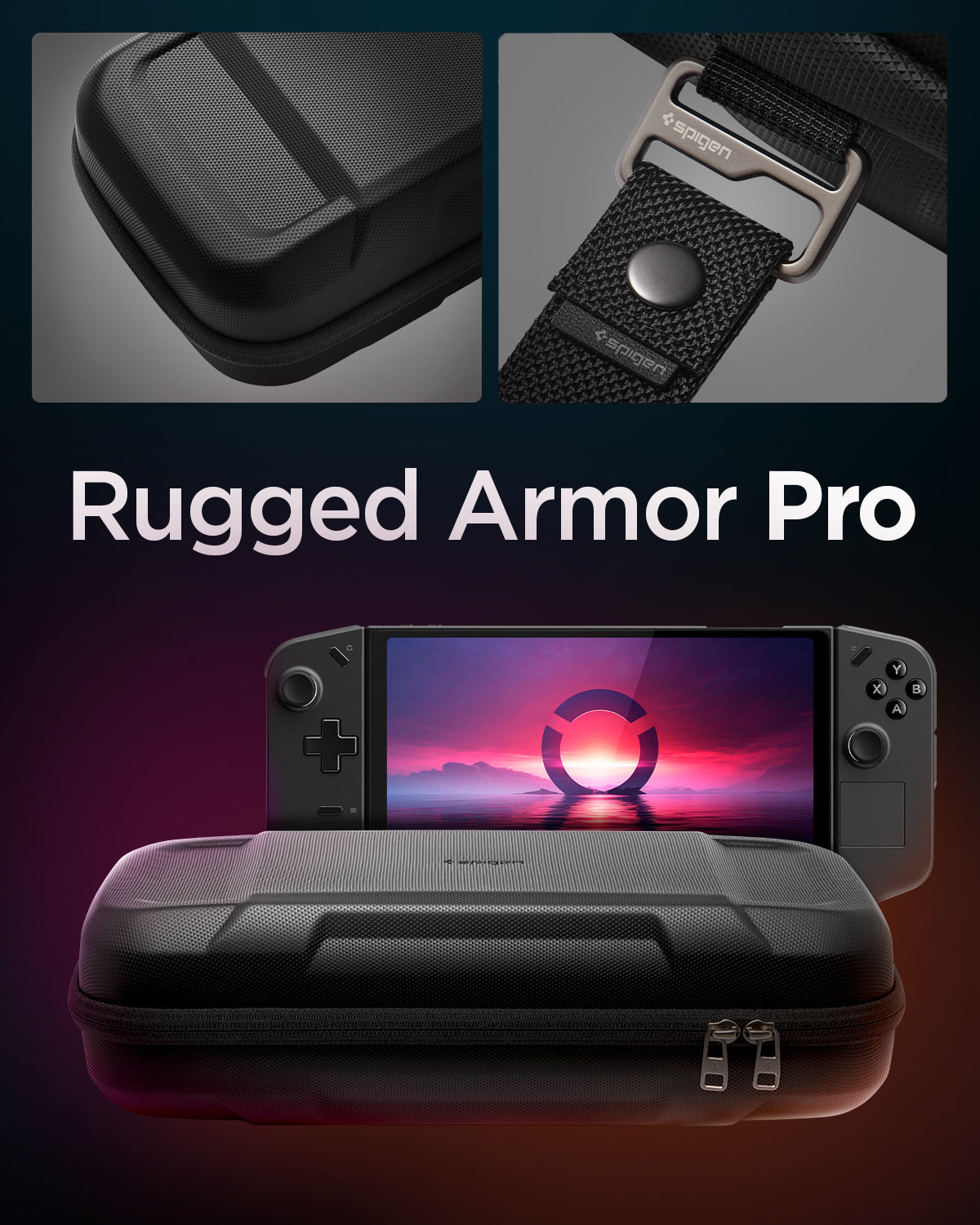 AFA07463 - Legion Go Rugged Armor Pro Pouch in Black showing the Rugged Armor Pro pouch in different angles