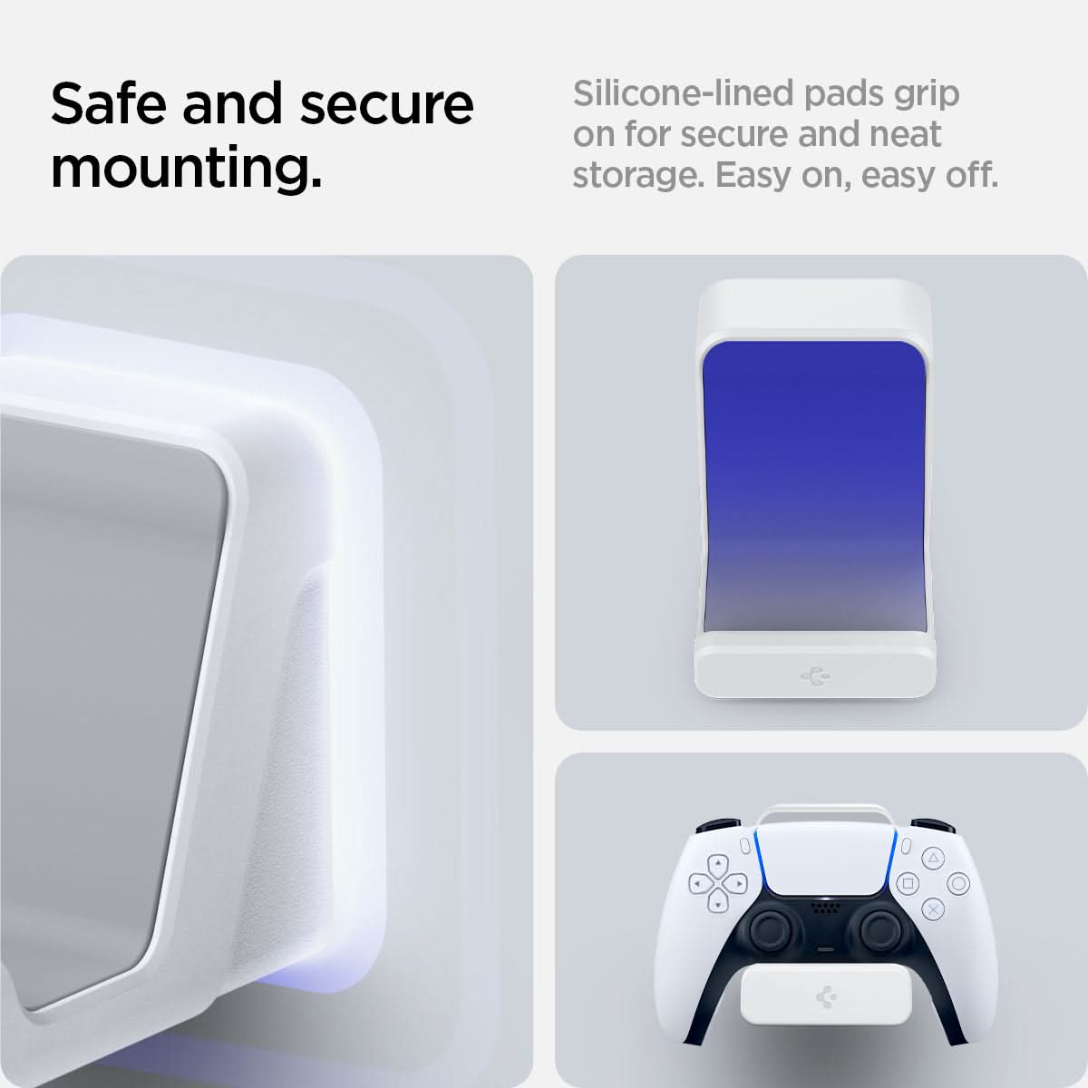 AMP06397 - PlayStation 5 Controller Mount | VG300 in White showing the safe and secure mounting. Silicone-lined pads grip on for secure and neat storage. Easy on, easy off