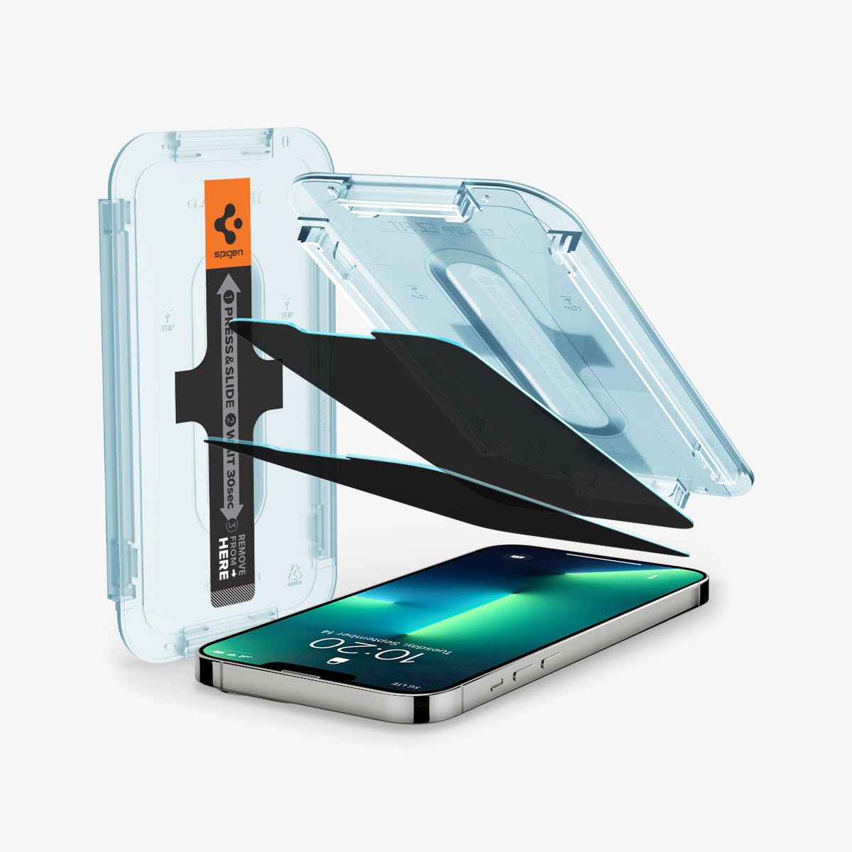 AGL02522 - iPhone 12 Mini Screen Protector EZ FIT GLAS.tR Privacy V2 showing the alignment trays, two privacy screen protectors, and device