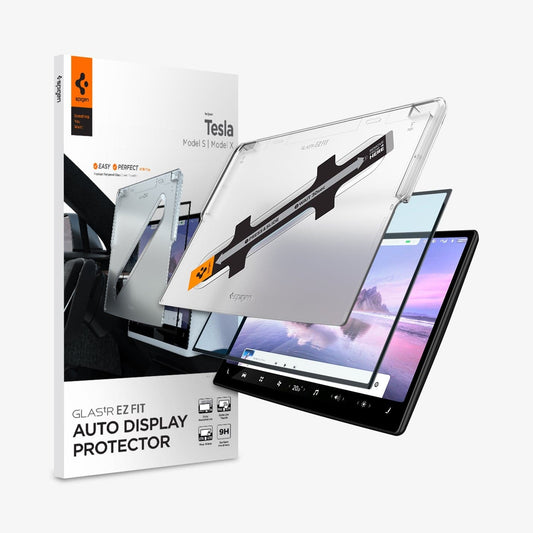 AGL04688 - Tesla Model S / X Screen Protector EZ FIT GLAS.tR showing the packaging, EZ fit tray, screen protector, Tesla screen