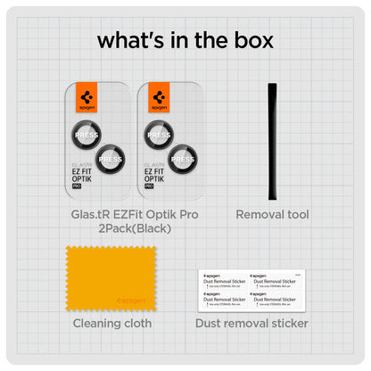 AGL05213 - iPhone 14 / 14 Plus Optik Pro Lens Protector in black what's in the box. Glas.tR EZFit Optik pro 2 pack, removal tool, cleaning cloth, dust removal sticker.