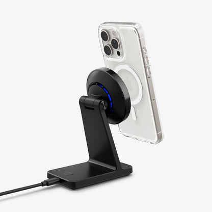 ACH07976 - OneTap Phone Stand S310WC (MagFit) in Black showing the back, partial side and bottom with device hovering in front