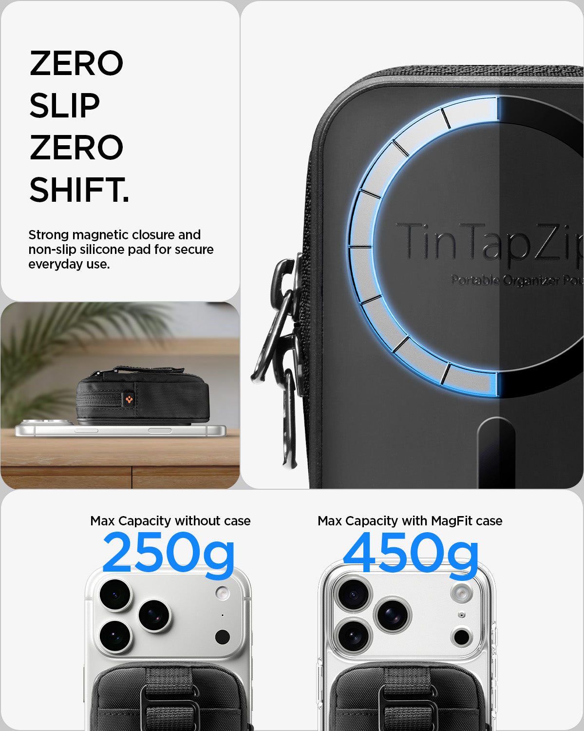 AFA11564 - Portable Organizer Pouch Tintap Zip Mag Fit 2 in Black showing zero slip zero shift.