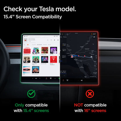 AGL10654 - Tesla Series - Screen Protector GLAS.tR EZ Fit 15.4 showing a Tesla dashboard screen comparison indicating compatibility with 15.4" screens and not compatible with 16" screens.