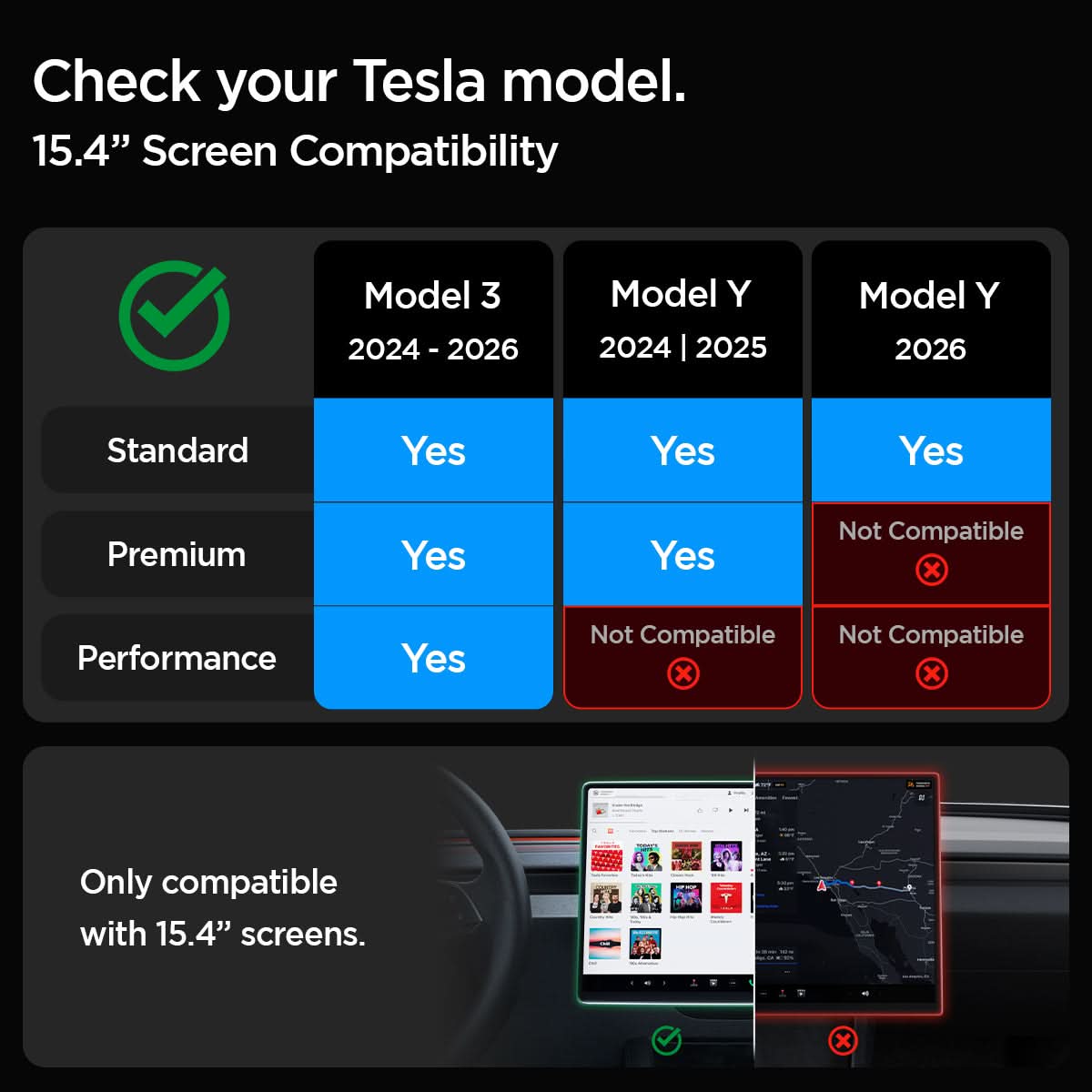 AGL10654 - Tesla Series - Screen Protector GLAS.tR EZ Fit 15.4 showing a compatibility chart for Tesla Model 3 (2024–2026) and Model Y (2024–2026) trims, highlighting which Standard, Premium, and Performance models support the 15.4" screen protector and indicating it is only compatible with 15.4" screens.