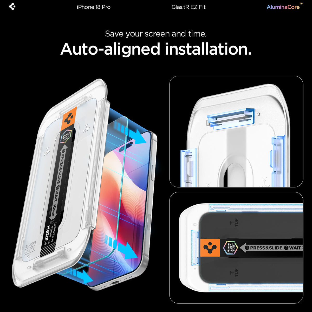 AGL07928 - iPhone 18 Pro / iPhone 17 Pro GLAS.tR EZ Fit | Sensor Protected showing the installation tray aligning the tempered glass onto the device with a press-and-slide application strip