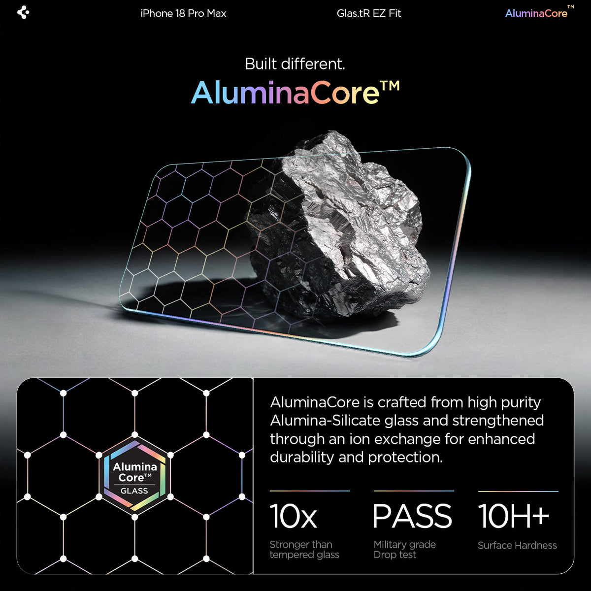 AGL07907 - iPhone 18 Pro Max / iPhone 17 Pro Max GLAS.tR EZ Fit | Sensor Protected showing the tempered glass material next to a raw mineral graphic with hexagonal pattern overlay and strength, drop test, and hardness ratings