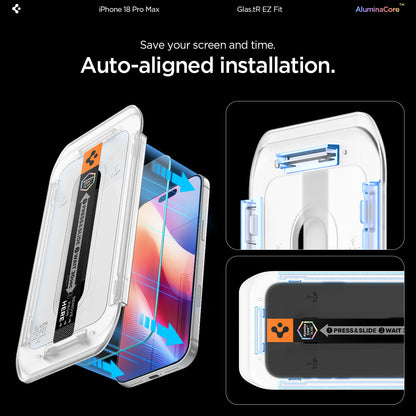 AGL07907 - iPhone 18 Pro Max / iPhone 17 Pro Max GLAS.tR EZ Fit | Sensor Protected showing the installation tray aligning the tempered glass onto the device with a press-and-slide application strip