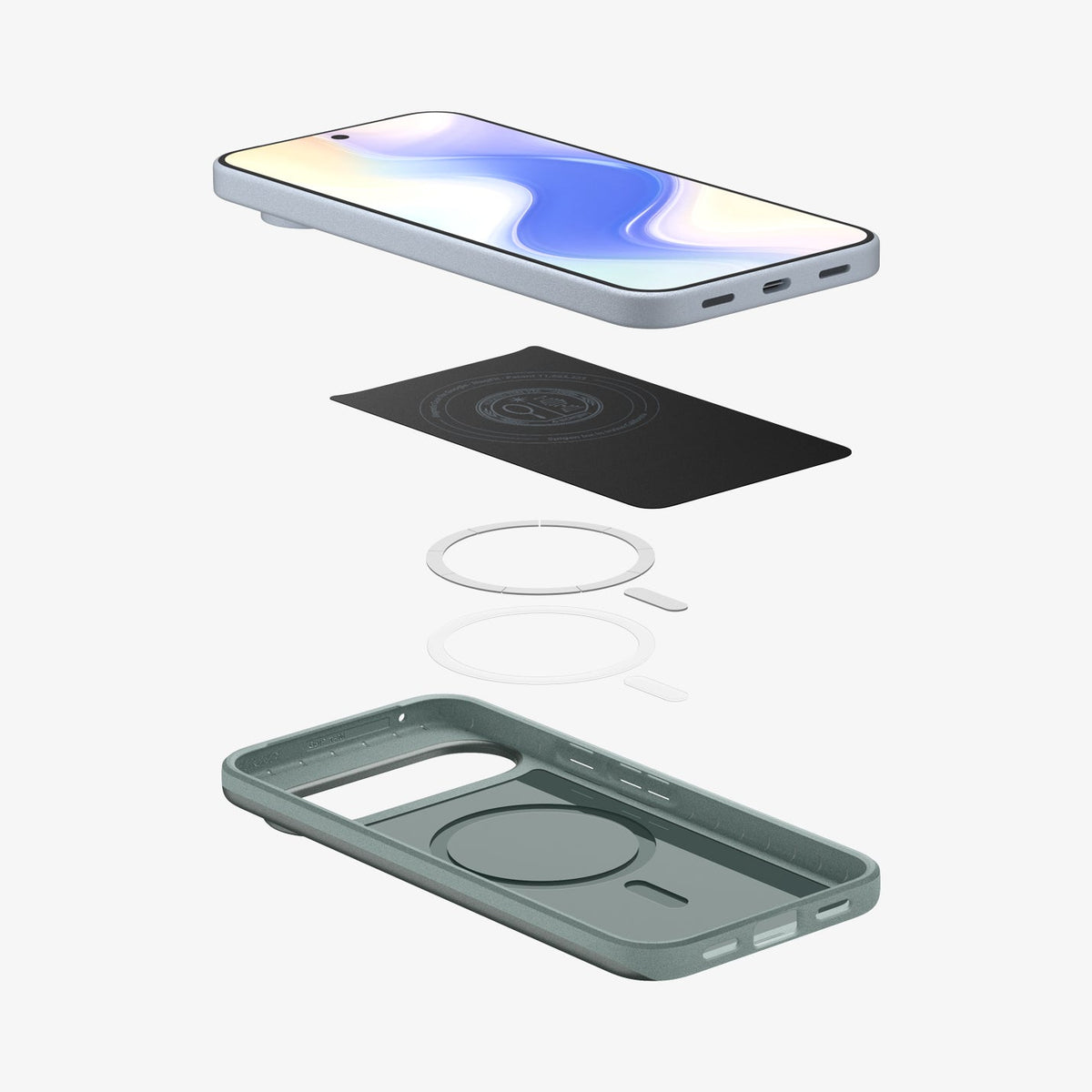 ACS09701 - Pixel 10, Pixel 10 Pro Thin Fit (MagFit) in Sage Green showing the multiple layers of case hovering below device