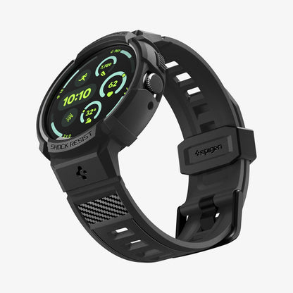 ACS11223 - Pixel Watch 4 (45mm) Band Rugged Armor Pro in black showing the front, bottom and side