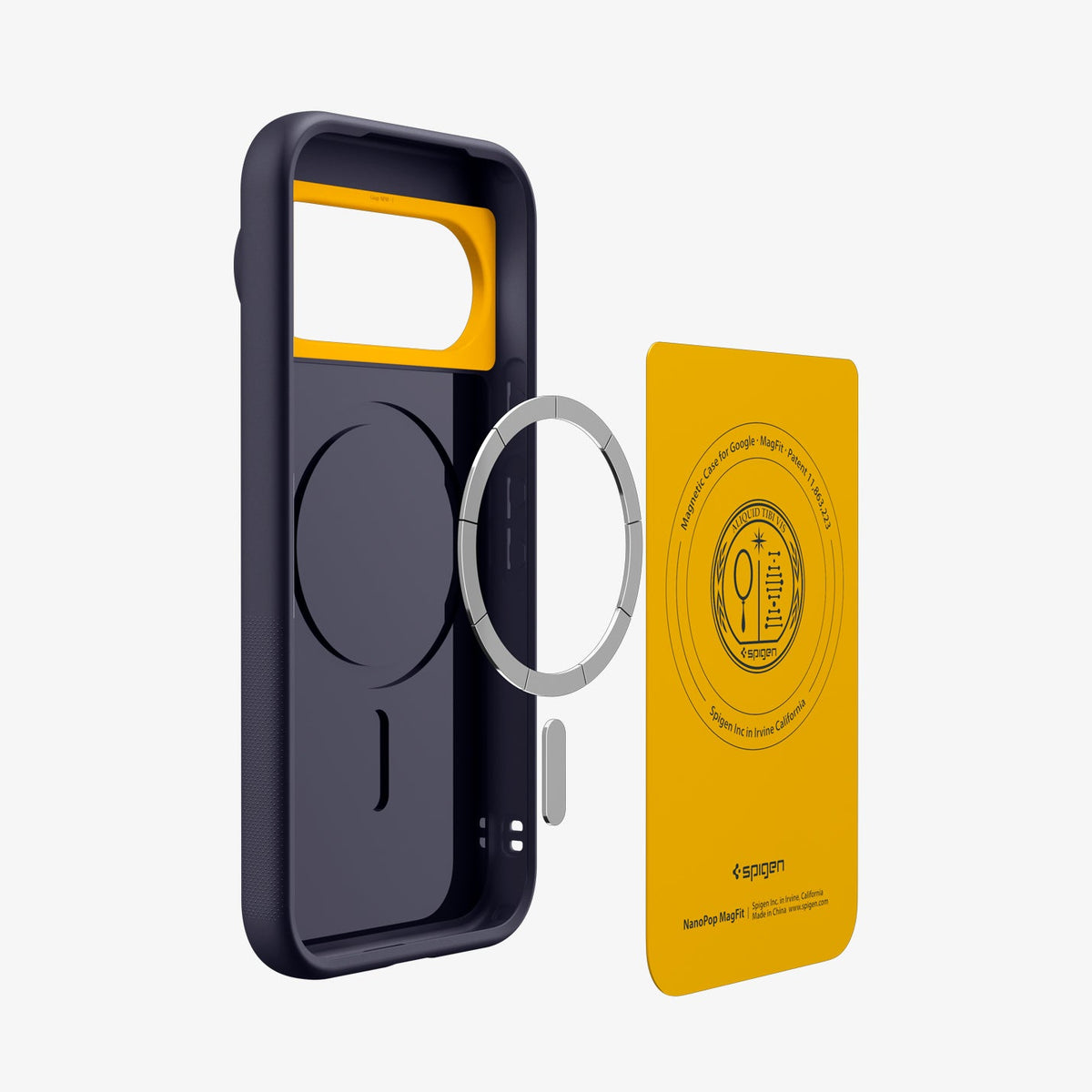 ACS11434 - Pixel 11 Pro Nano Pop (Mag Fit) Blueberry Navy exploded view showing the built in magnetic ring, microfiber lining, and layered case construction.