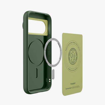 ACS11436 - Pixel 11 Pro Nano Pop (Mag Fit) Avo Green exploded view showing the built in magnetic ring, microfiber lining, and layered case construction.