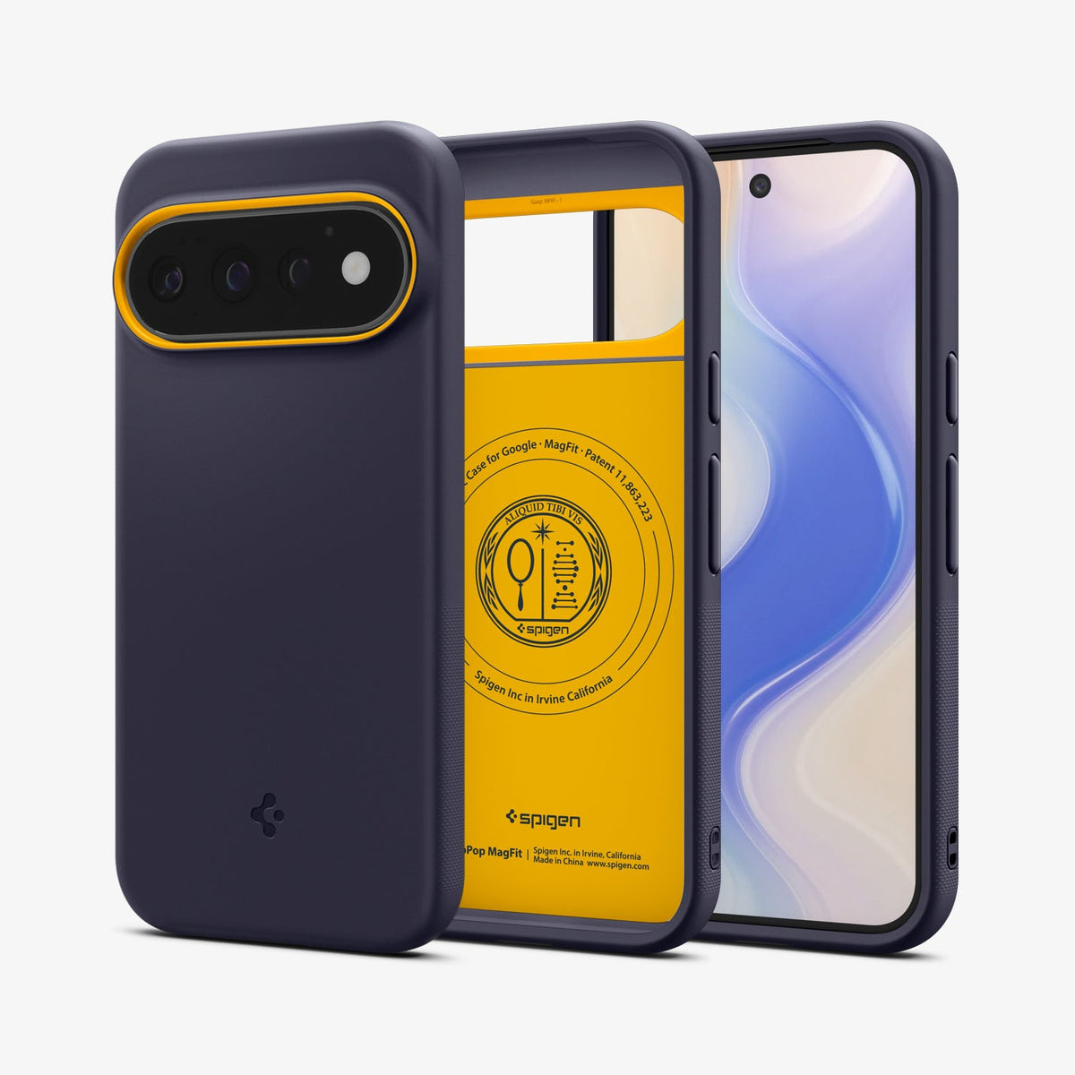 ACS11434 - Pixel 11 Pro Nano Pop (Mag Fit) Blueberry Navy front and back angled views show the slim profile, precise fit, and built in magnetic construction.
