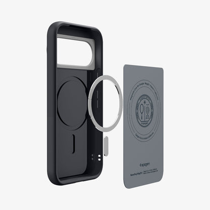 ACS11445 - Pixel 11 Nano Pop (Mag Fit) Black Sesame exploded view showing the built in magnetic ring, microfiber lining, and layered case construction.