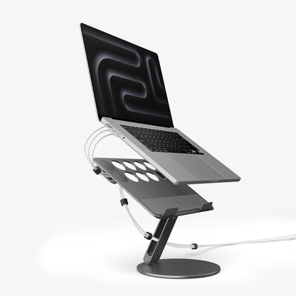 AMP09303 - Laptop Stand | LD206C in Space Gray showing the front and side with laptop hovering above the stand