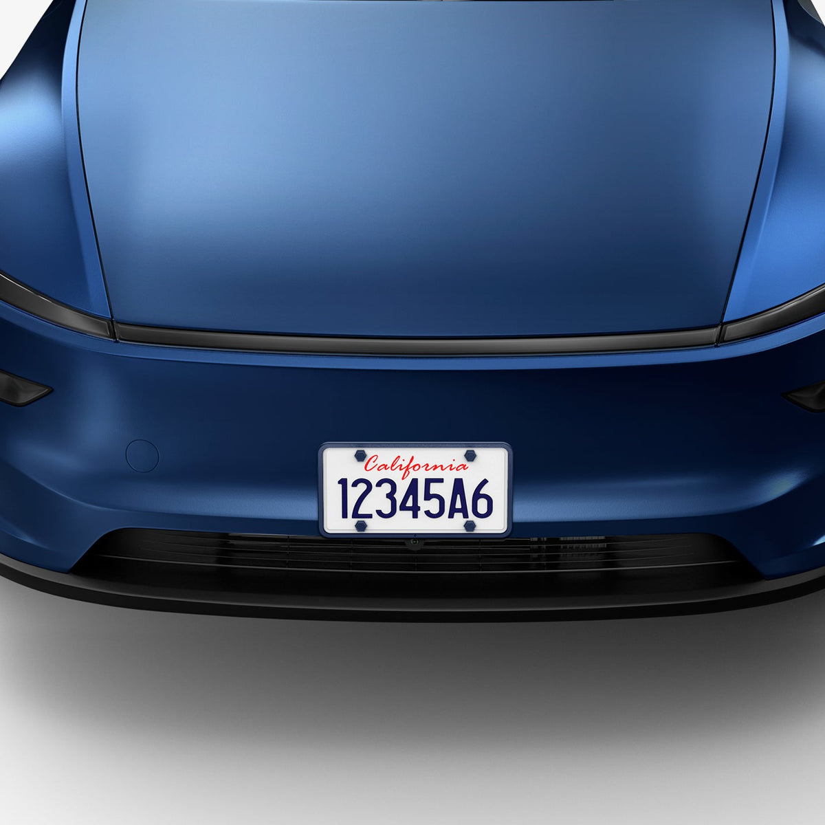 ACP12021 - License Plate Frame | LP100 in Blue showing the front installed to the front of the car