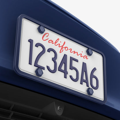 ACP12021 - License Plate Frame | LP100 in Blue showing the front and sides installed to a car