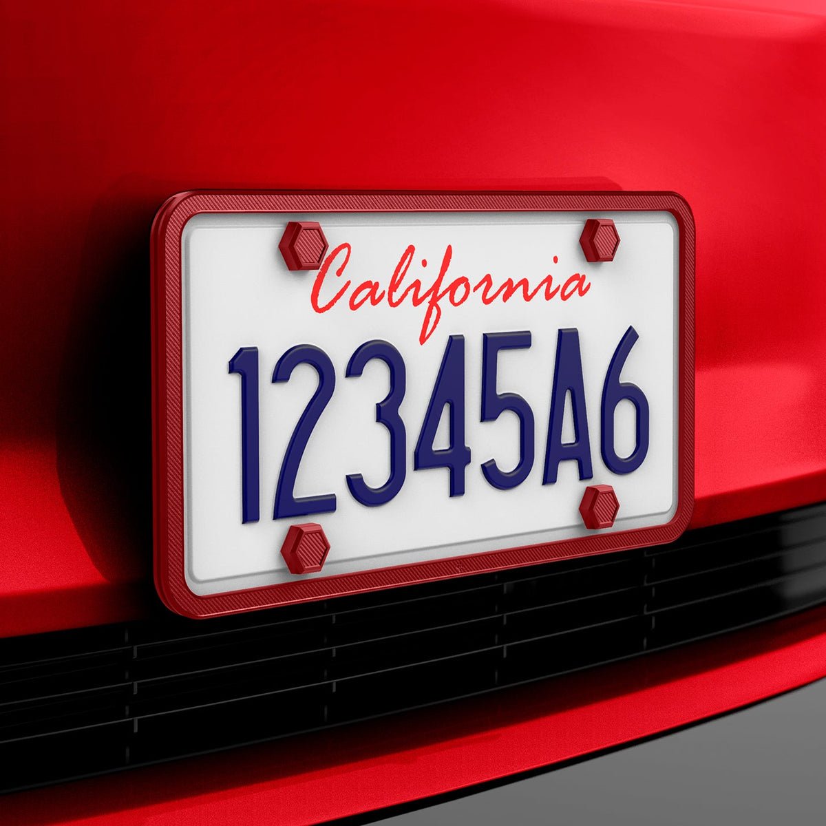 ACP12022 - License Plate Frame | LP100 in Red showing the front and sides installed to a car