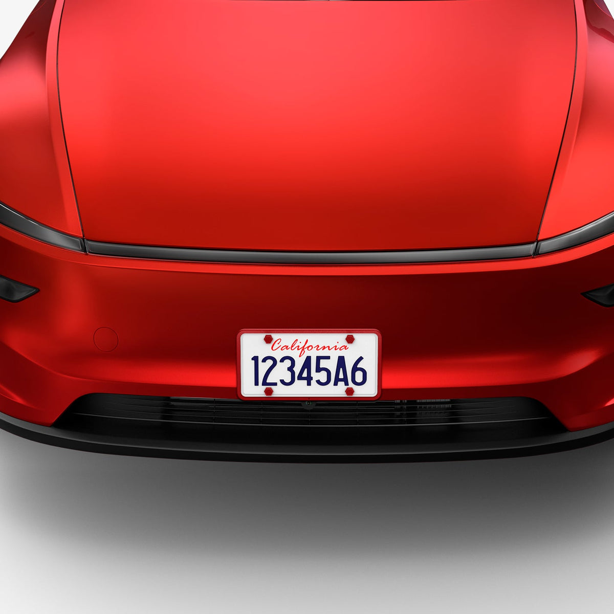 ACP12022 - License Plate Frame | LP100 in Red showing the front installed to the front of the car