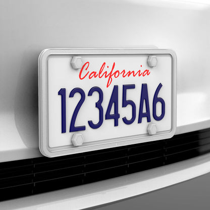 ACP12020 - License Plate Frame | LP100 in White showing the front and sides installed to a car