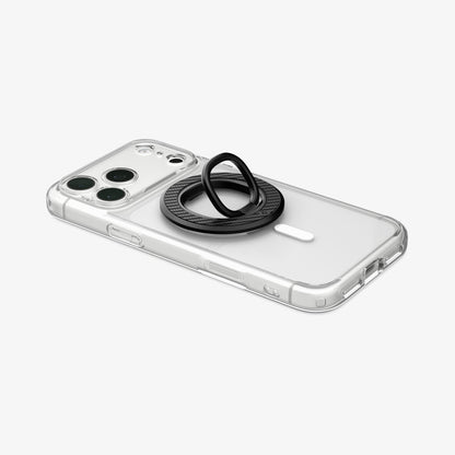 AMP09334 - O-Mag Magnetic Phone Holder (Mag Fit) | OM106 showing ring holder attached to clear iphone case laid flat at an angle on white background
