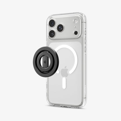 AMP11739 - O-Mag Magnetic Phone Holder (Mag Fit+) | OM108 showing the O-Mag MagFit+ Phone Holder positioned beside a clear iPhone case with MagSafe