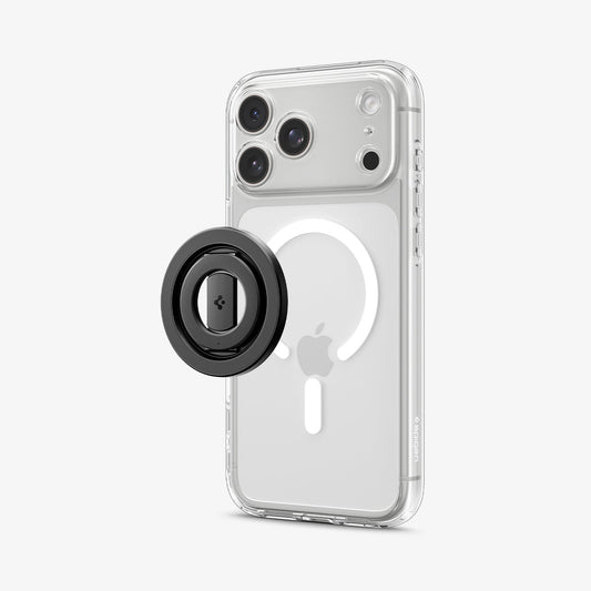 AMP11739 - O-Mag Magnetic Phone Holder (Mag Fit+) | OM108 showing the O-Mag MagFit+ Phone Holder positioned beside a clear iPhone case with MagSafe
