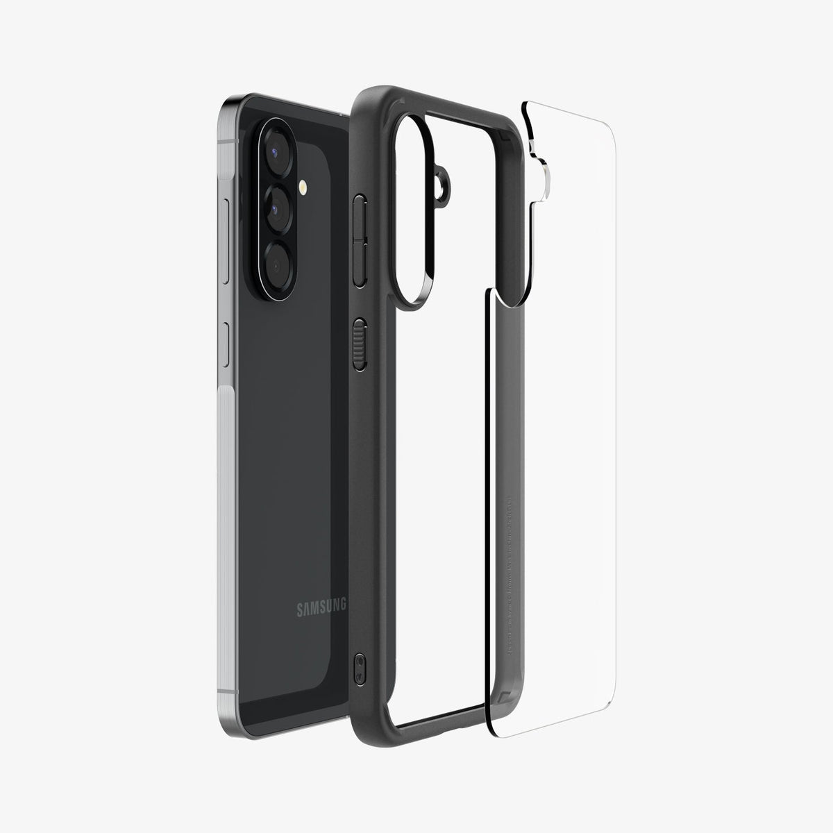 ACS09293 - Galaxy A56 5G Case Ultra Hybrid in Matte Black showing the back layer case detached from the tpu frame and the device aligned with each other