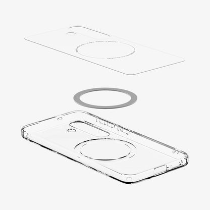 ACS08981 - Galaxy S25 Plus Case Ultra Hybrid Metal Ring (MagFit) in Clear White showing the inner layer, hovering above the detached magring and the case
