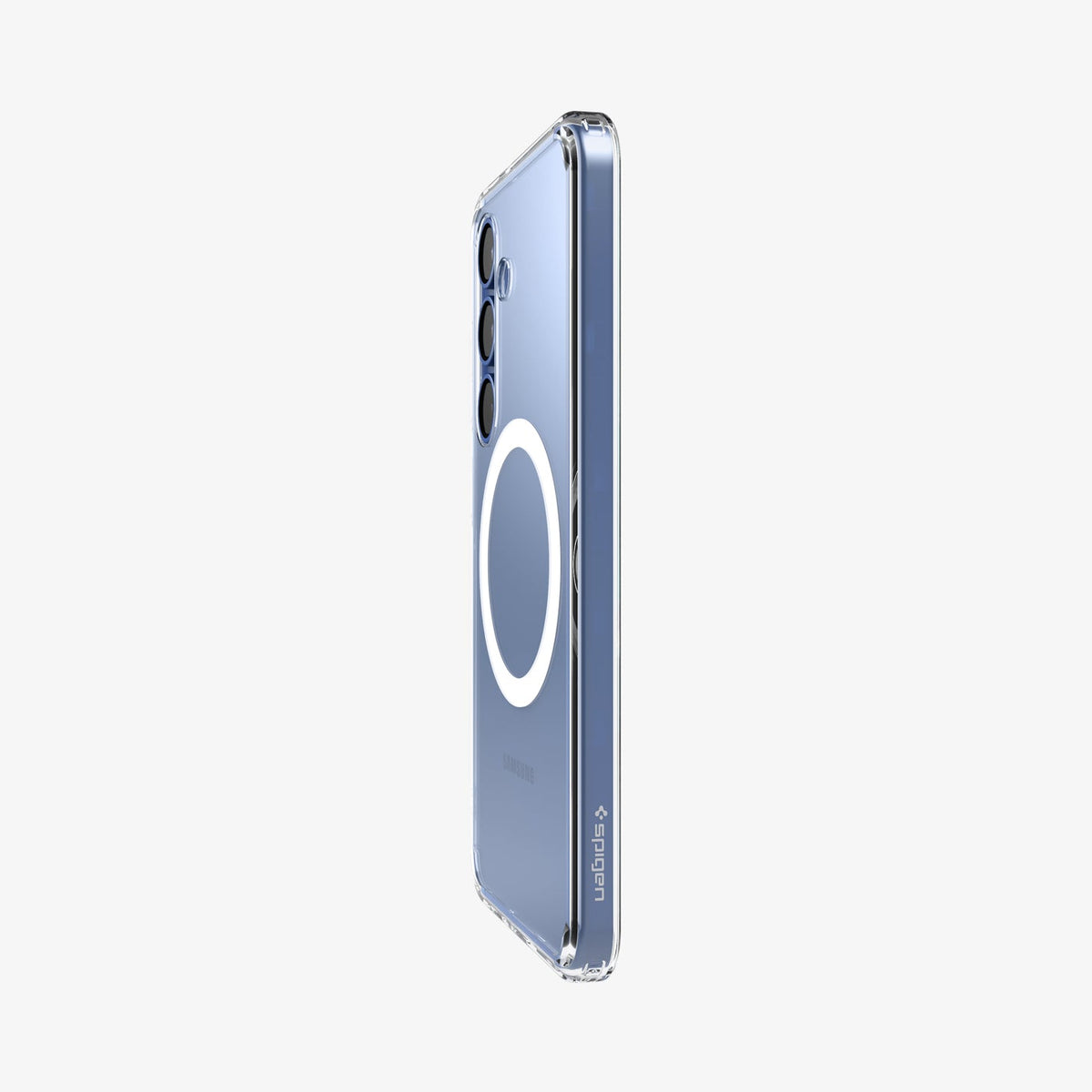 ACS08981 - Galaxy S25 Plus Case Ultra Hybrid Metal Ring (MagFit) in Clear White showing the partial back and side