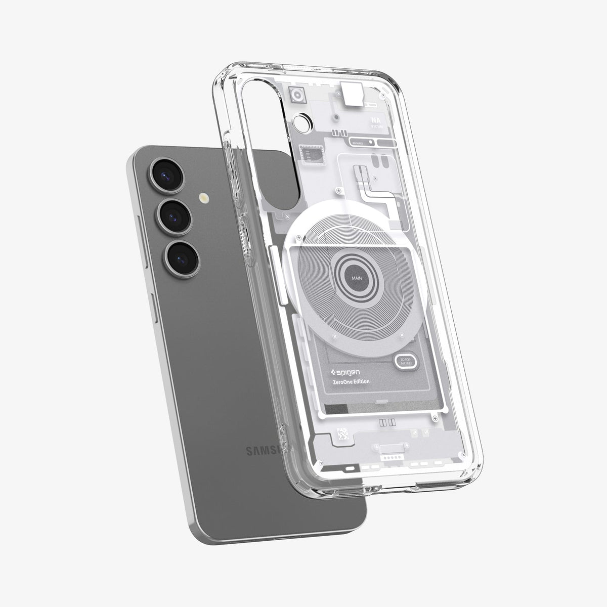 ACS08983 - Galaxy S25 Plus Case Ultra Hybrid Metal Ring Zero One (MagFit) in Zero One White showing the back of the case hovering above the device