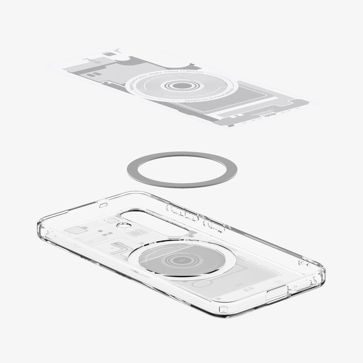 ACS08983 - Galaxy S25 Plus Case Ultra Hybrid Metal Ring Zero One (MagFit) in Zero One White showing the inner layer hovering above the magfit ring and the case