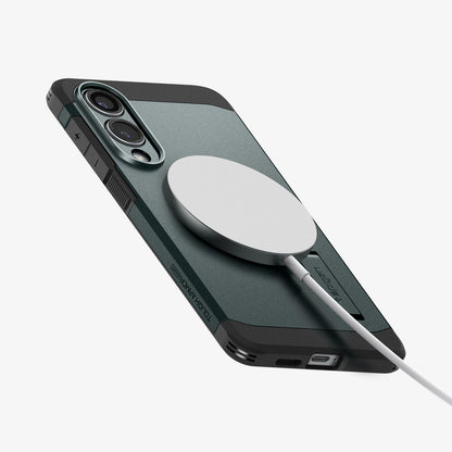 ACS09424 - Galaxy S25 Edge Case Tough Armor AI (MagFit) in Abyss Green showing the back, side and bottom of the case with wireless charger attached