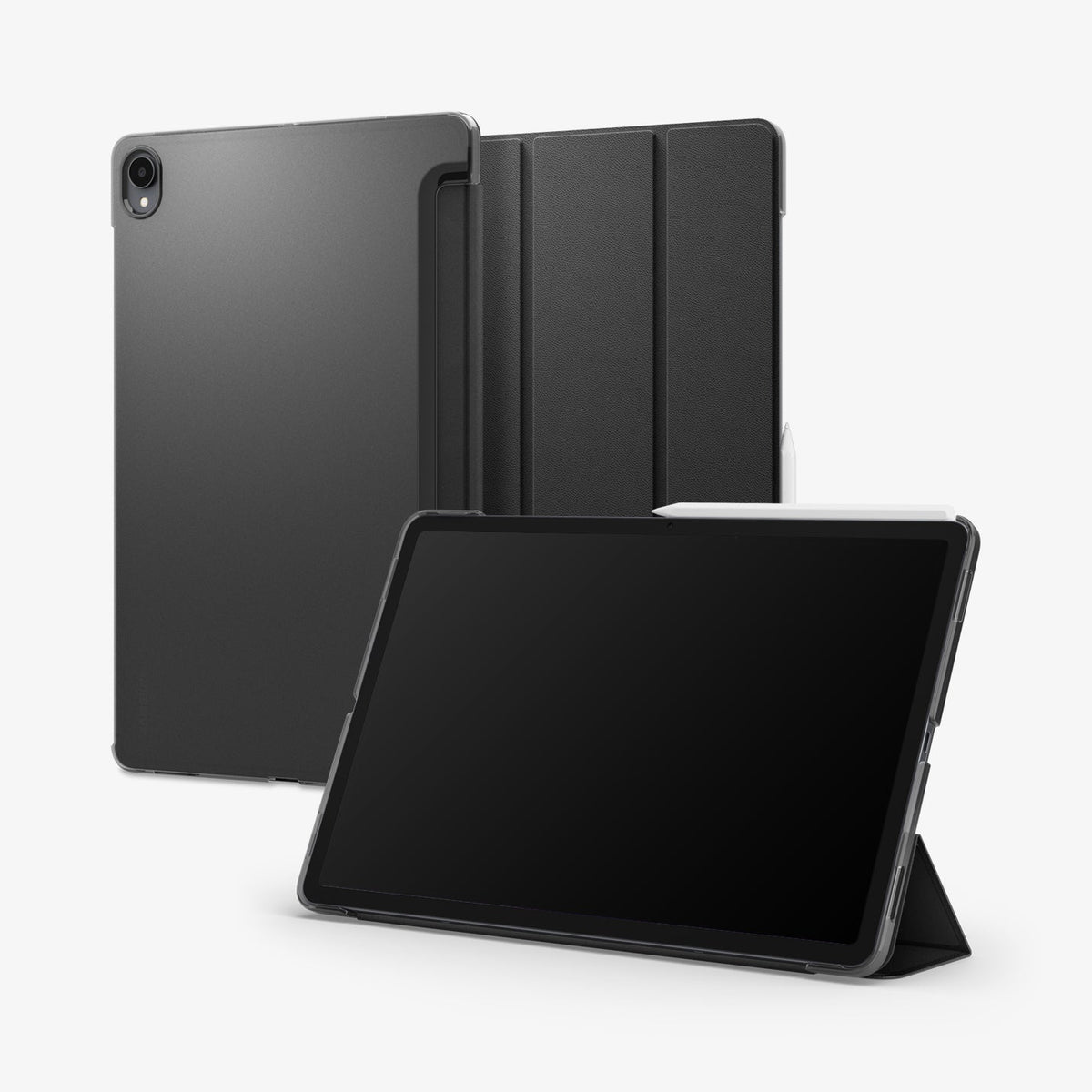 ACS11828 - Galaxy Tab S12+ Liquid Air Folio showing front, back, and stand views of a folio tablet case with stylus attachment.