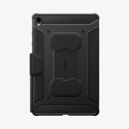 ACS11822 - Galaxy Tab S12+ Rugged Armor Pro showing the back of a tablet case with textured panels, reinforced corners, a built-in stand, and pen storage.