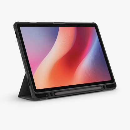 ACS09498 - Galaxy Tab S10 FE Case Ultra Hybrid Pro in Black showing the front, partial side and bottom with s pen attached, while front cover serve as a stand