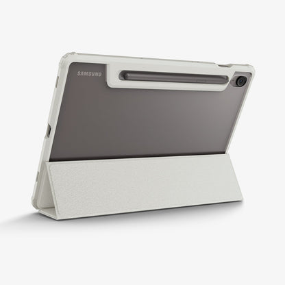 ACS09533 - Galaxy Tab S10 FE Case Ultra Hybrid Pro in Gray showing the back and partial top and side with front cover converted into stand and S pen attached at the back