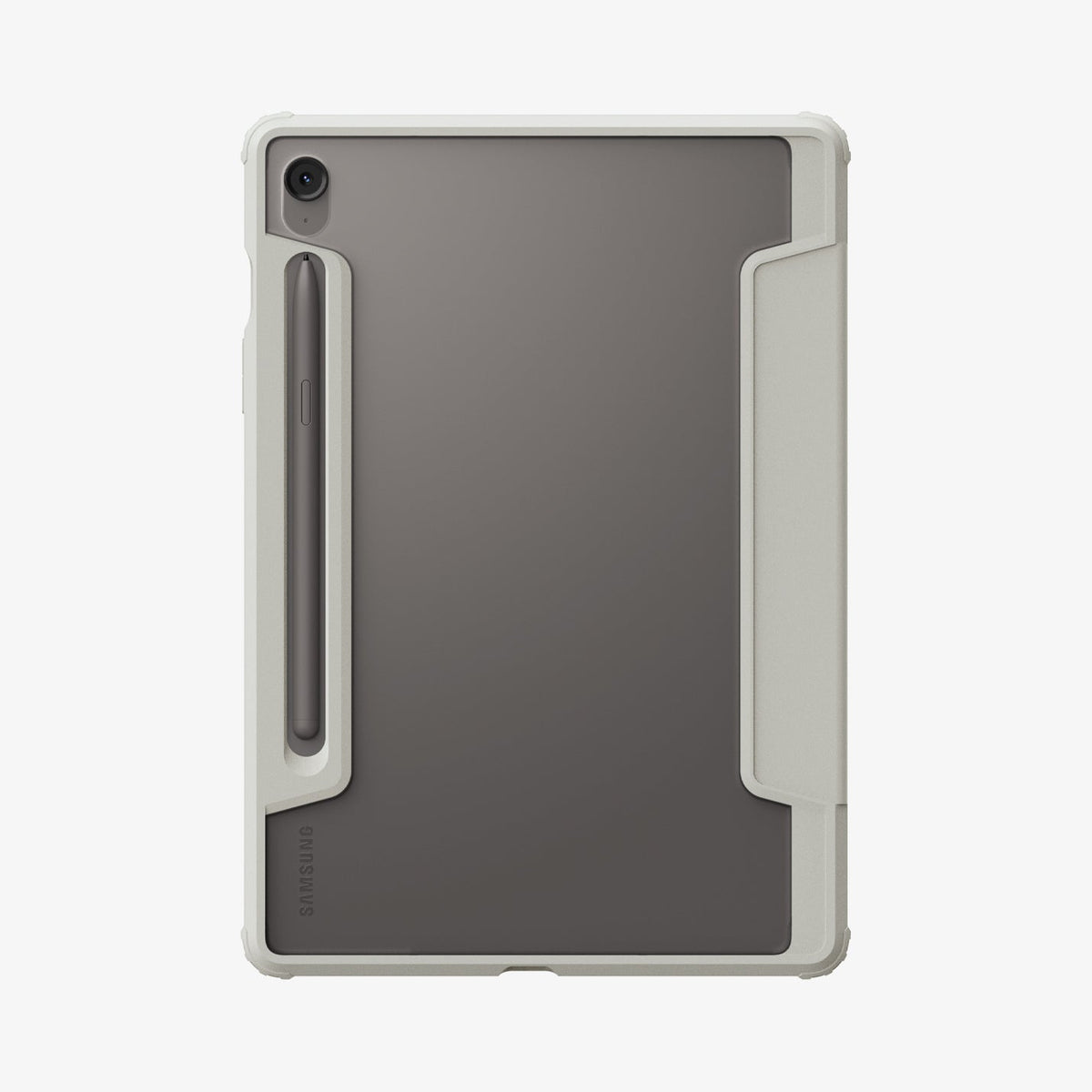 ACS09533 - Galaxy Tab S10 FE Case Ultra Hybrid Pro in Gray showing the back with s pen attached