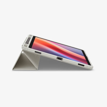 ACS09533 - Galaxy Tab S10 FE Case Ultra Hybrid Pro in Gray showing the partial front and side with front cover converted into stand