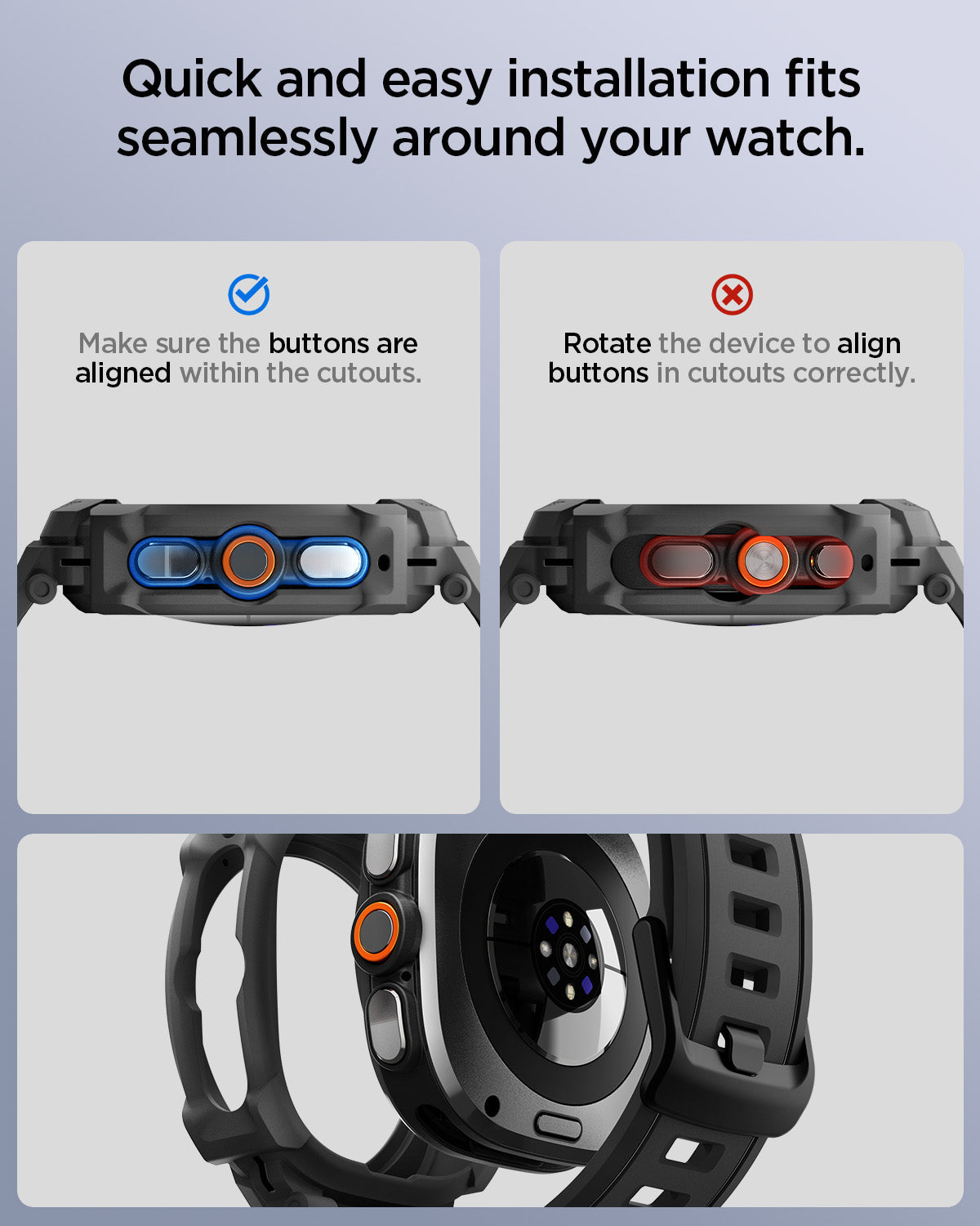 ACS11612 - Galaxy Watch Ultra Series - Rugged Armor Pro showing two close-up views comparing correct and incorrect button alignment during installation, alongside a view of the case fitting over the watch's sensor.