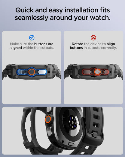 ACS11612 - Galaxy Watch Ultra Series - Rugged Armor Pro showing two close-up views comparing correct and incorrect button alignment during installation, alongside a view of the case fitting over the watch's sensor.