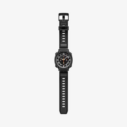 ACS11612 - Galaxy Watch Ultra Series - Rugged Armor Pro showing the Rugged Armor Pro case and band alone, flat lay view highlighting the buckle and carbon fiber detail.