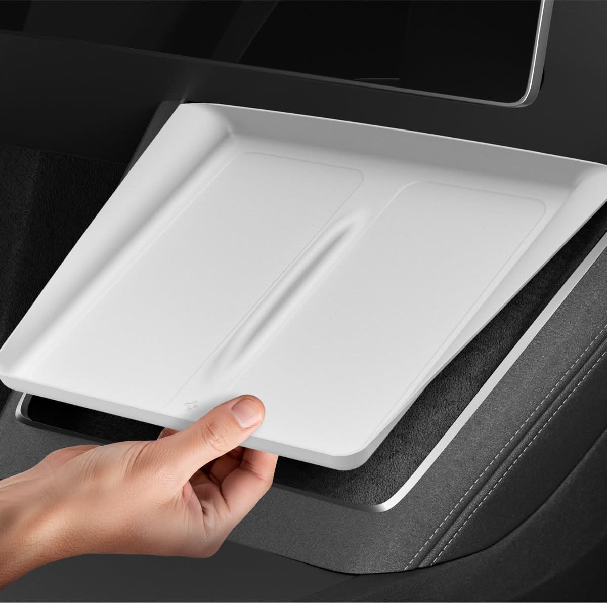 ACP10032 - Model Y (2026) Wireless Charging Pad Cover | TO261JH in White showing a person's hand lifting to cover