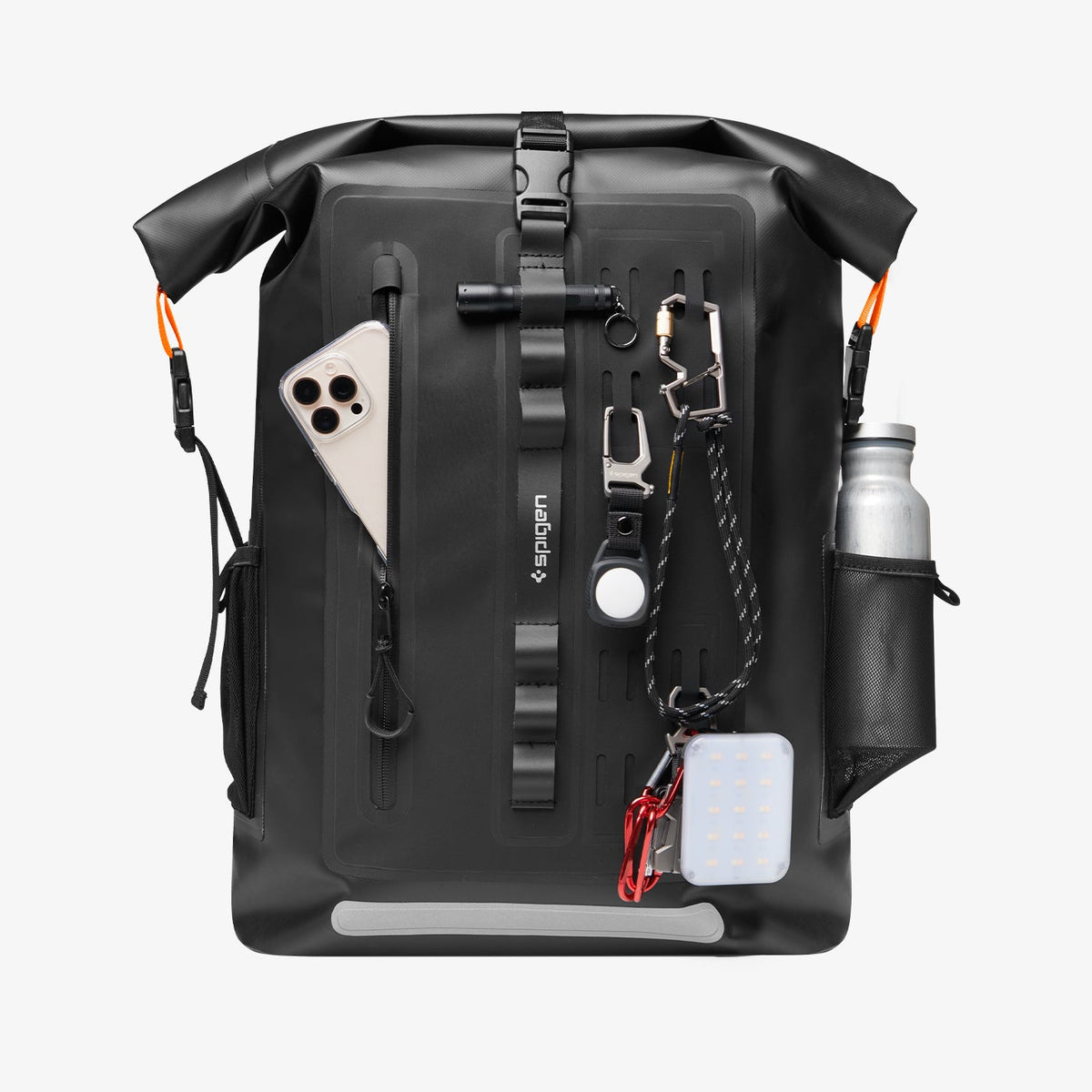 AMP07875 - AquaShield Waterproof Backpack A650 in Black showing the front with multiple items inserted and attached